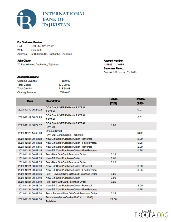 Relevé bancaire ITB du Tadjikistan